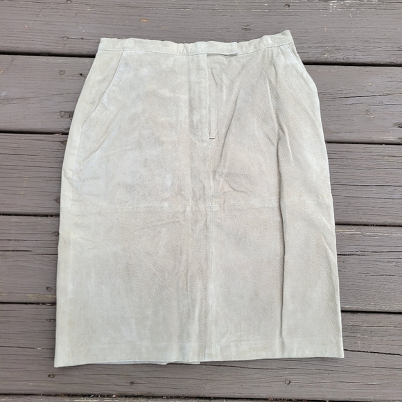 Vintage 90s y2k Bratz Tan Suede Leather High Waisted Midi Length Pencil Skirt 6 - Picture 1 of 4
